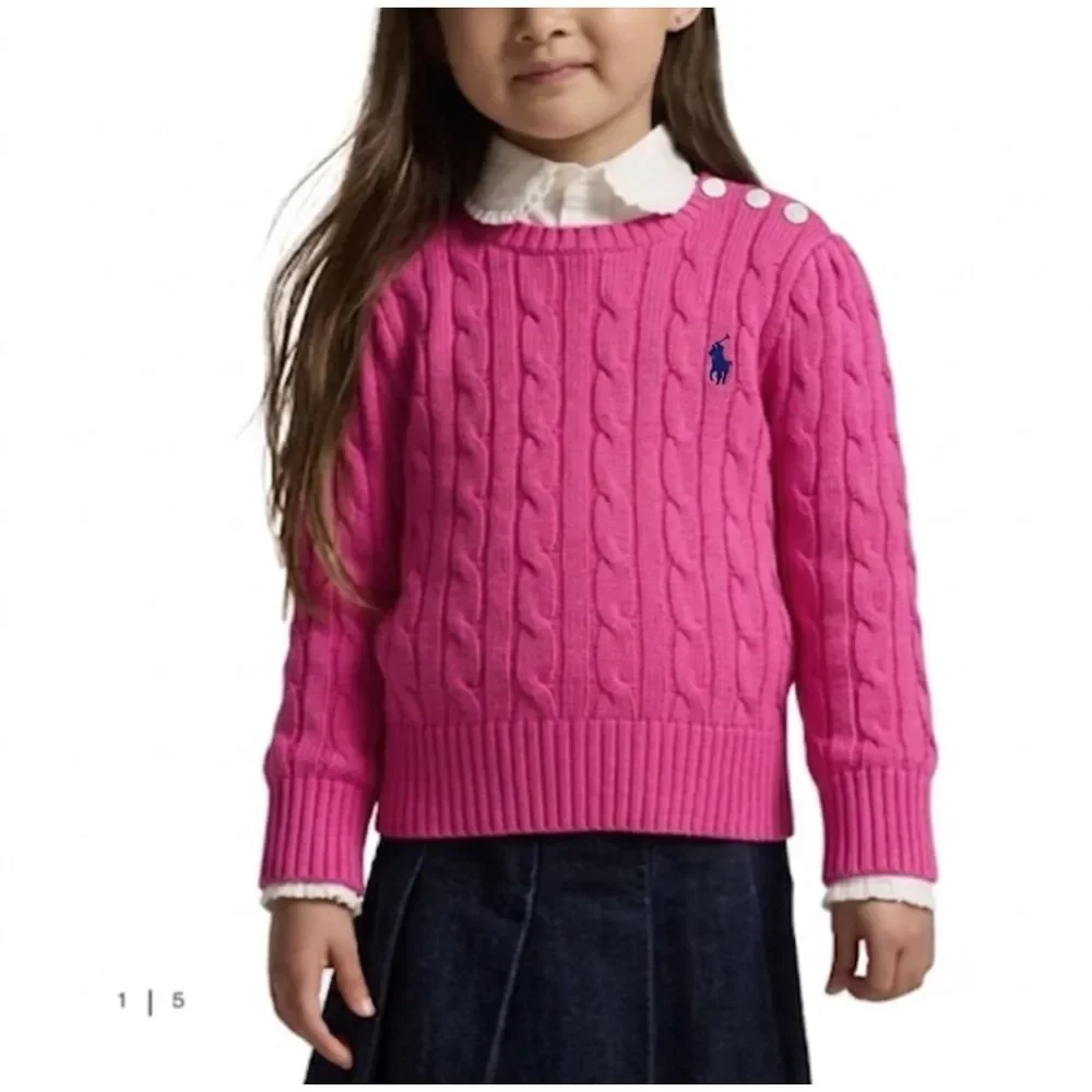 Ralph Lauren Little Girls Hot Pink Cotton Cable Knit LS Crewneck Sweater Size 5